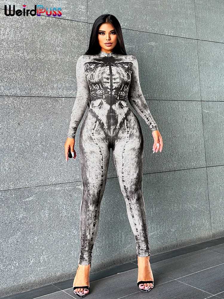 

Weird Puss Aesthetic Print Jumpsuit Fitness Women Zip Sporty 2023 Autumn Full Sleeve Activity Workout Overalls Casual Streetwear