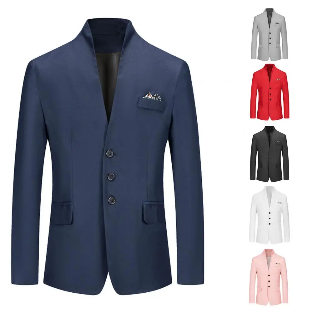 Description Picture 5 of itemMen Blazer Solid Color Stand Collar Long Sleeve Single Breasted Slim Fit Pockets Suit Jacket Office Slim Fit Business Blazers