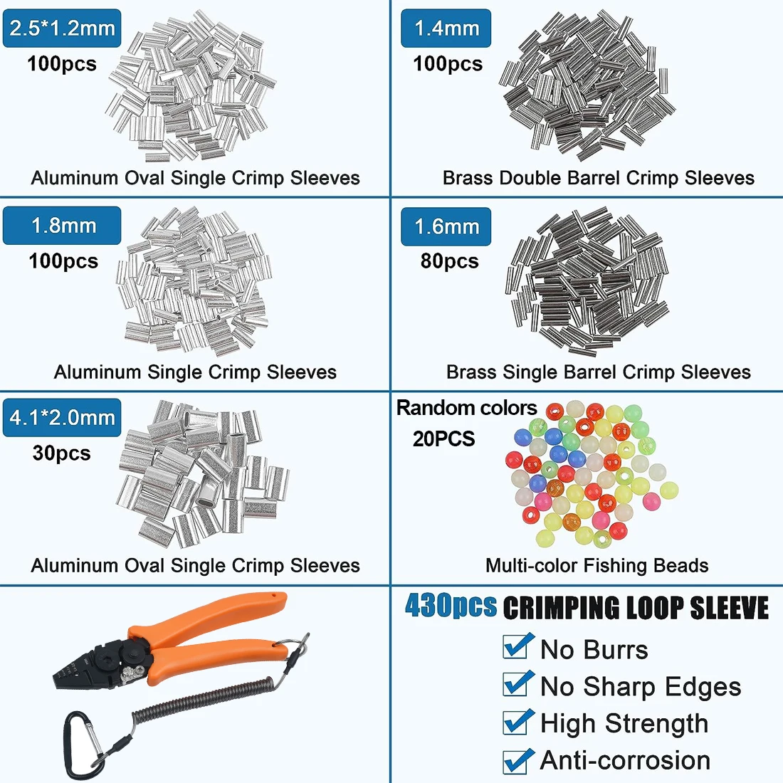 스테인레스 스틸 낚시 플라이어 와이어 로프 크림퍼 도구, 크림핑 슬리브 루프, 바닷물 크림프 낚시 태클 키트, 430 개