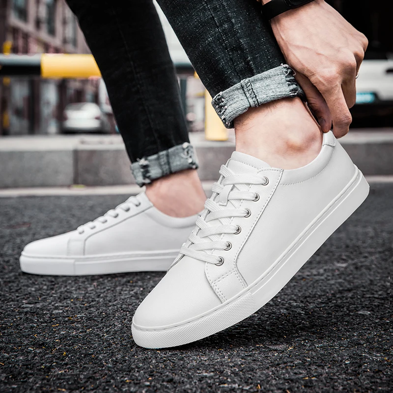 Handmade Black Leather Casual Sneakers - Mens Autumn Flats