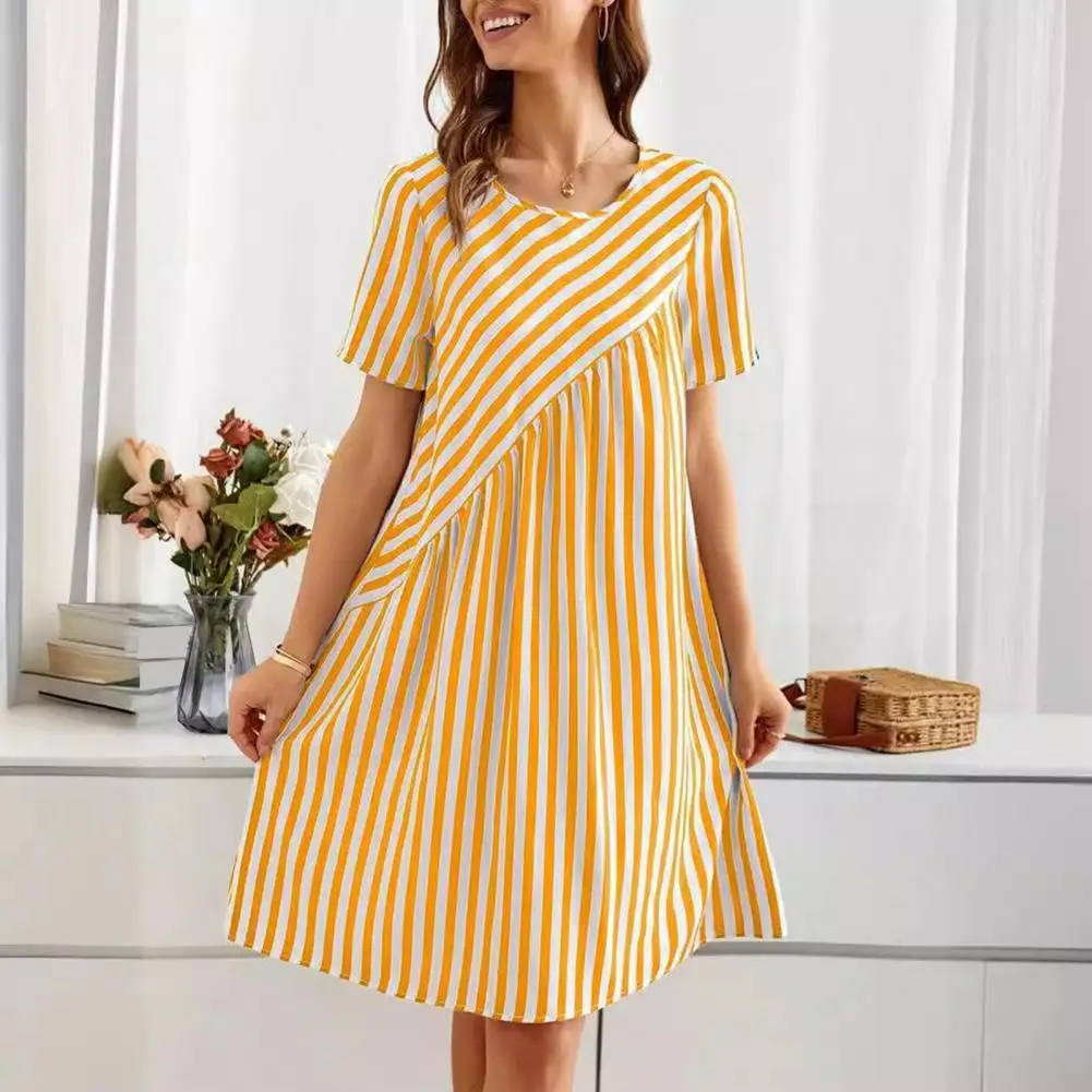 

Dress Chic Striped Print Lady Dress Irregular A-line Style for Daily Wear Commute Dating Summer Fashion Must-have Striped Dress