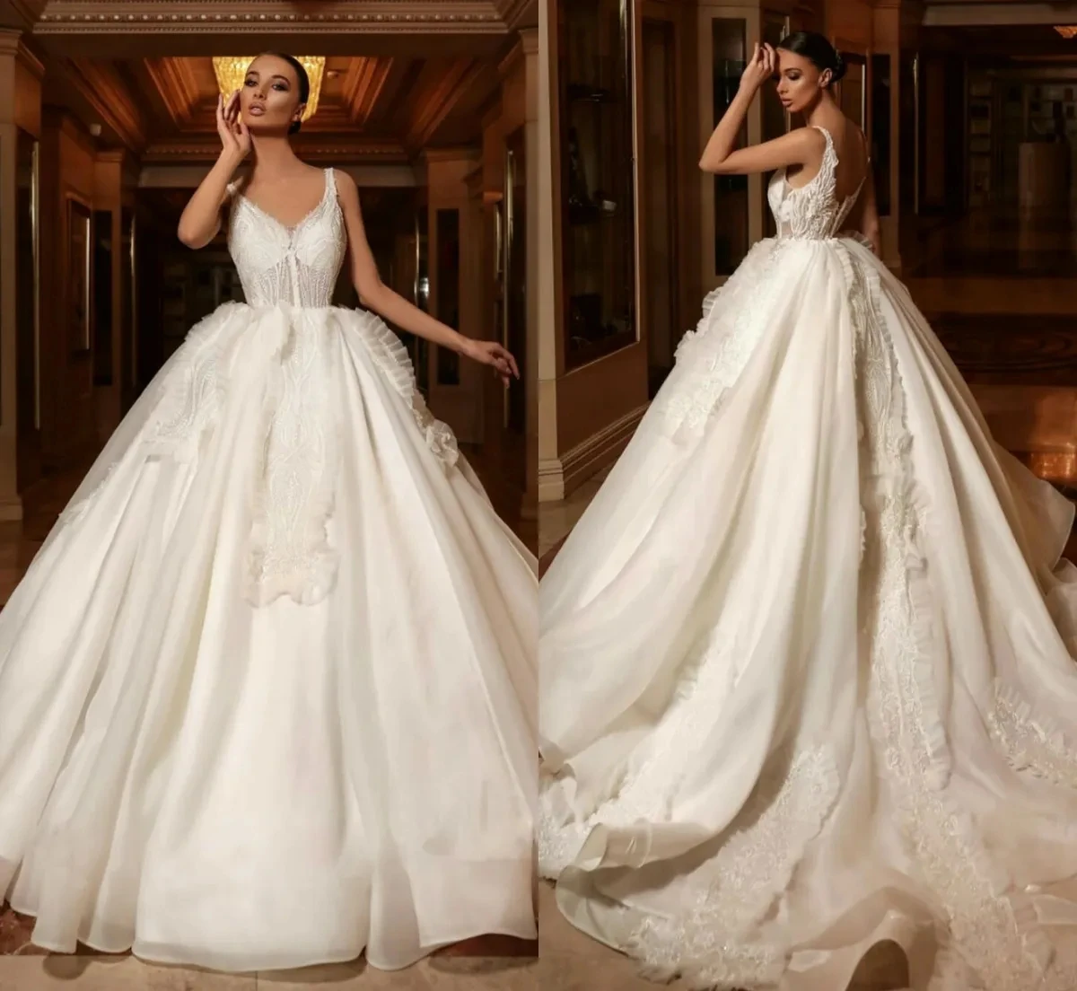 

Charming Spaghetti Straps Wedding Dresses Princess Appliques Lace Custom Made Bridal Ball Gowns Backless Vestidos De Novia