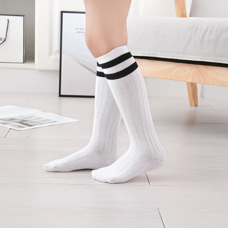 Cotton Baby Boys Girls Knee High Long Socks Classic White Stripes Solid Breathable Double Needle Children School Uniform Socks Kids Socks