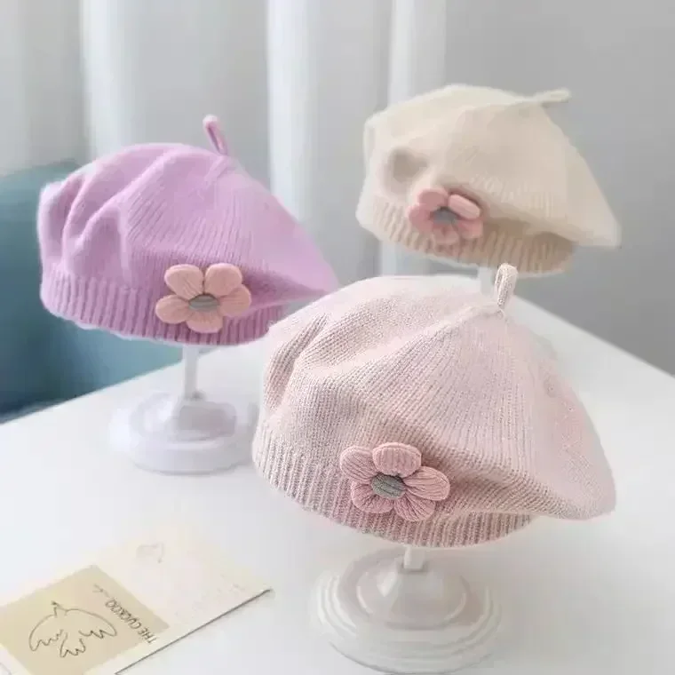 Knit Hat Flower Baby Beret Winter Warm Knitted Beanie for Infant Girls Korean Toddler Princess Artist Solid Color Painter
