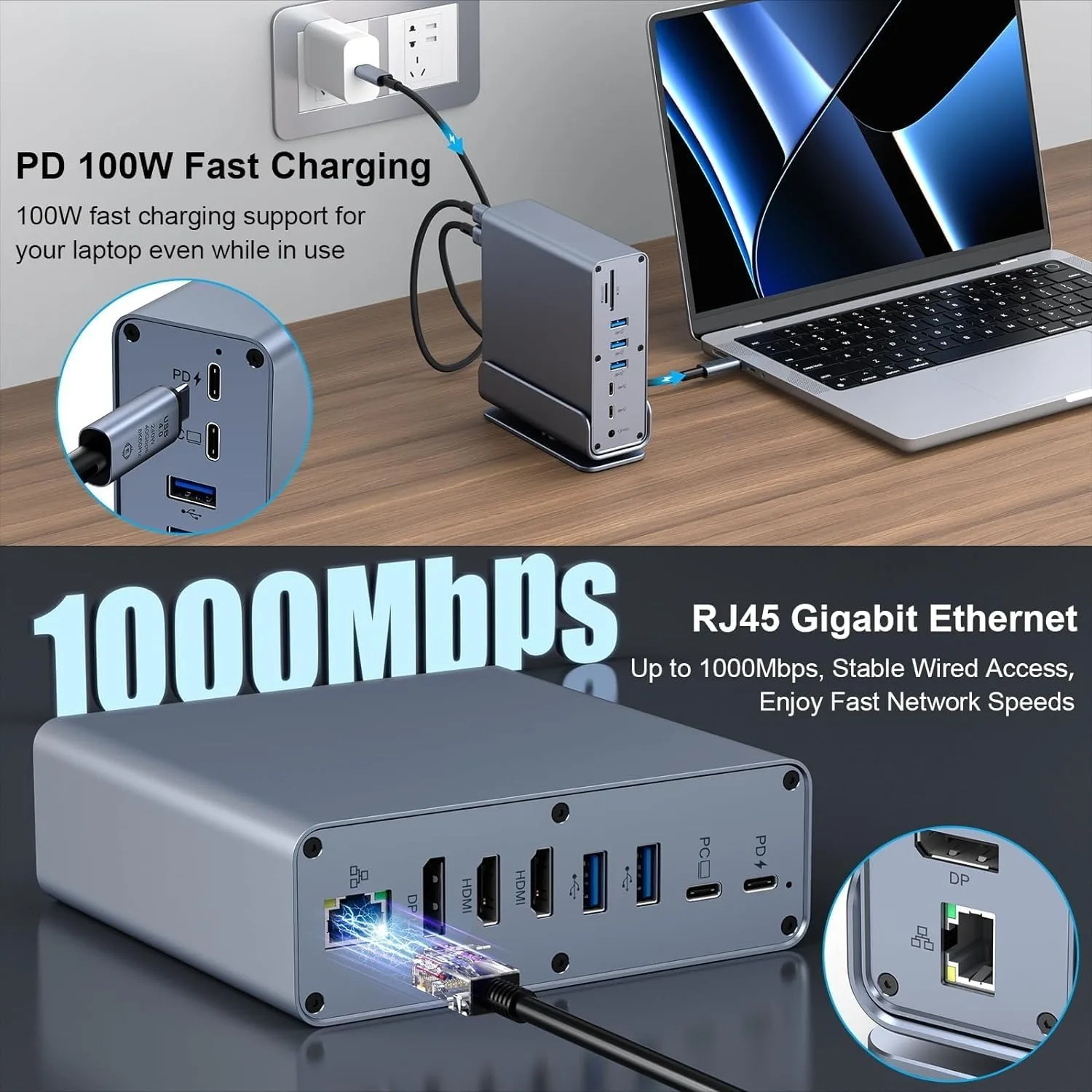Thunderbolt4 C Laptop Docking Station With 2xHDMI-compatible, DP, Gigabit Ethernet, 100W PD, SD/TF, 3.5mm, USB Ports_voghion.com