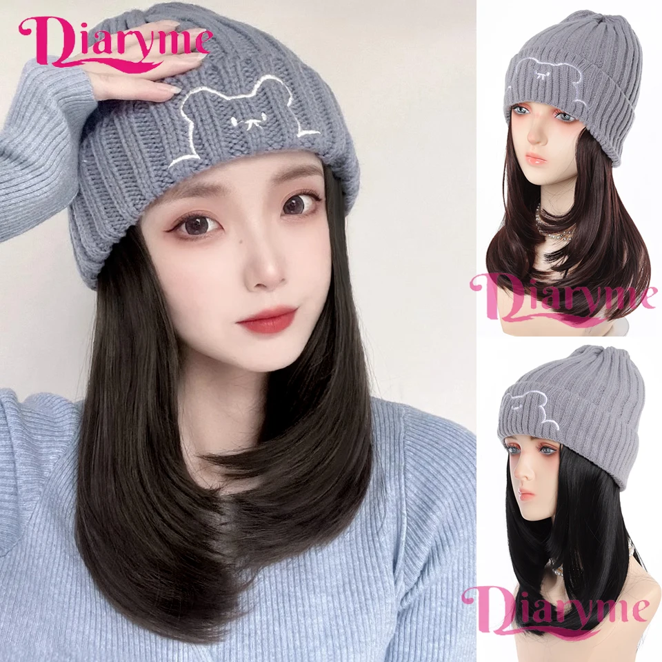 Long Hair Knitted Hat Synthetic Wig One-piece Curly Straight Full Head Cover Hat Wig Easy to wear Suitable for Any Occasion