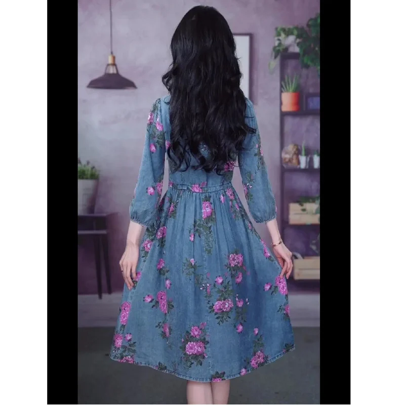 4XL Lace-Up Dress 2023 Spring/Summer New Light Luxury Fashion Waist  Covering And Slim Fit Peony Print Denim Dress V-Neck Dress - AliExpress  200000345