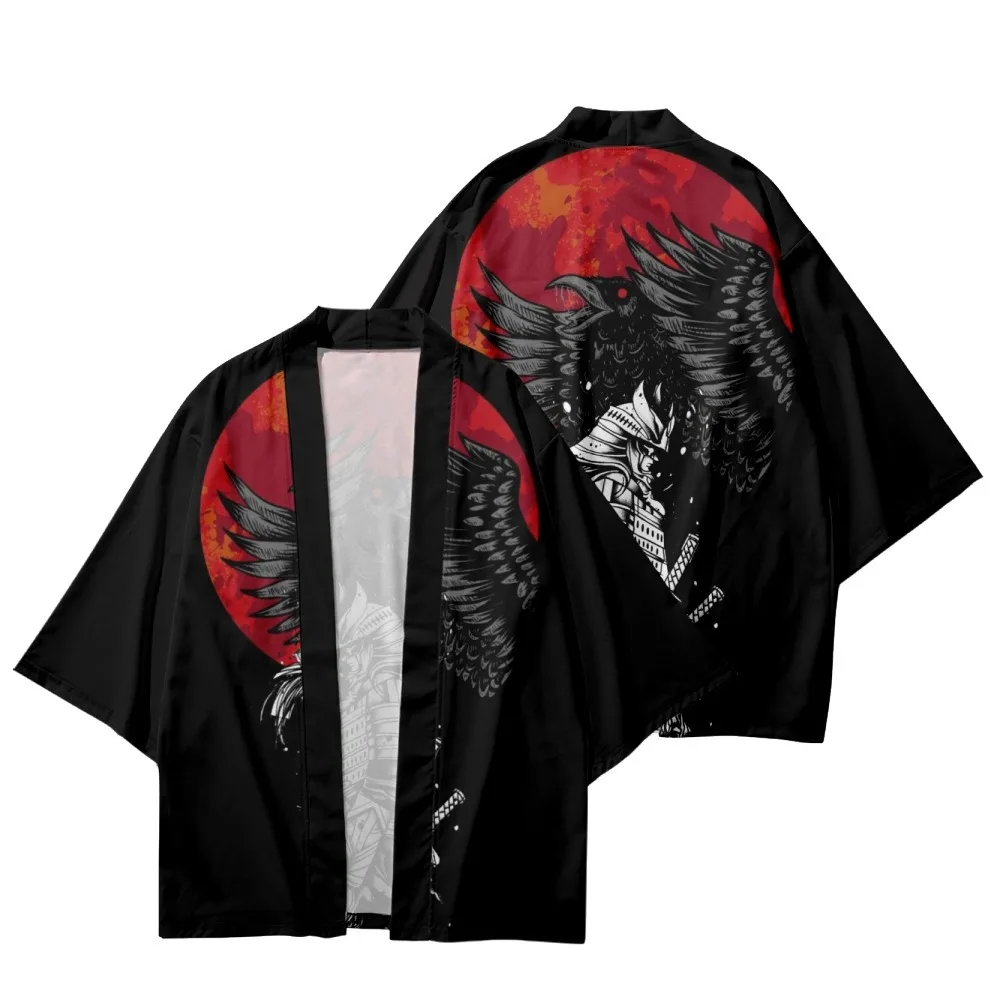 

Cartoon Warrior Printed Black Traditional Kimono Cosplay Cardigan Haori Beach Yukata Streetwear Women Men Shirts