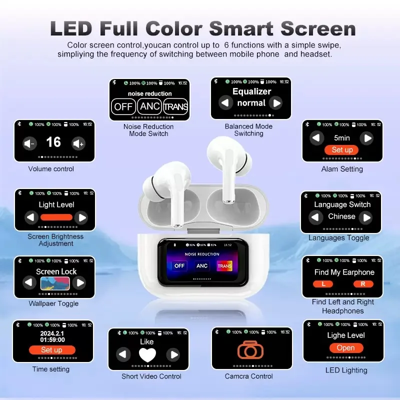 New Wireless Bluetooth Active Noise Cancelling Calling Game Music Earphones Full-color Touch Screen Earphones 4