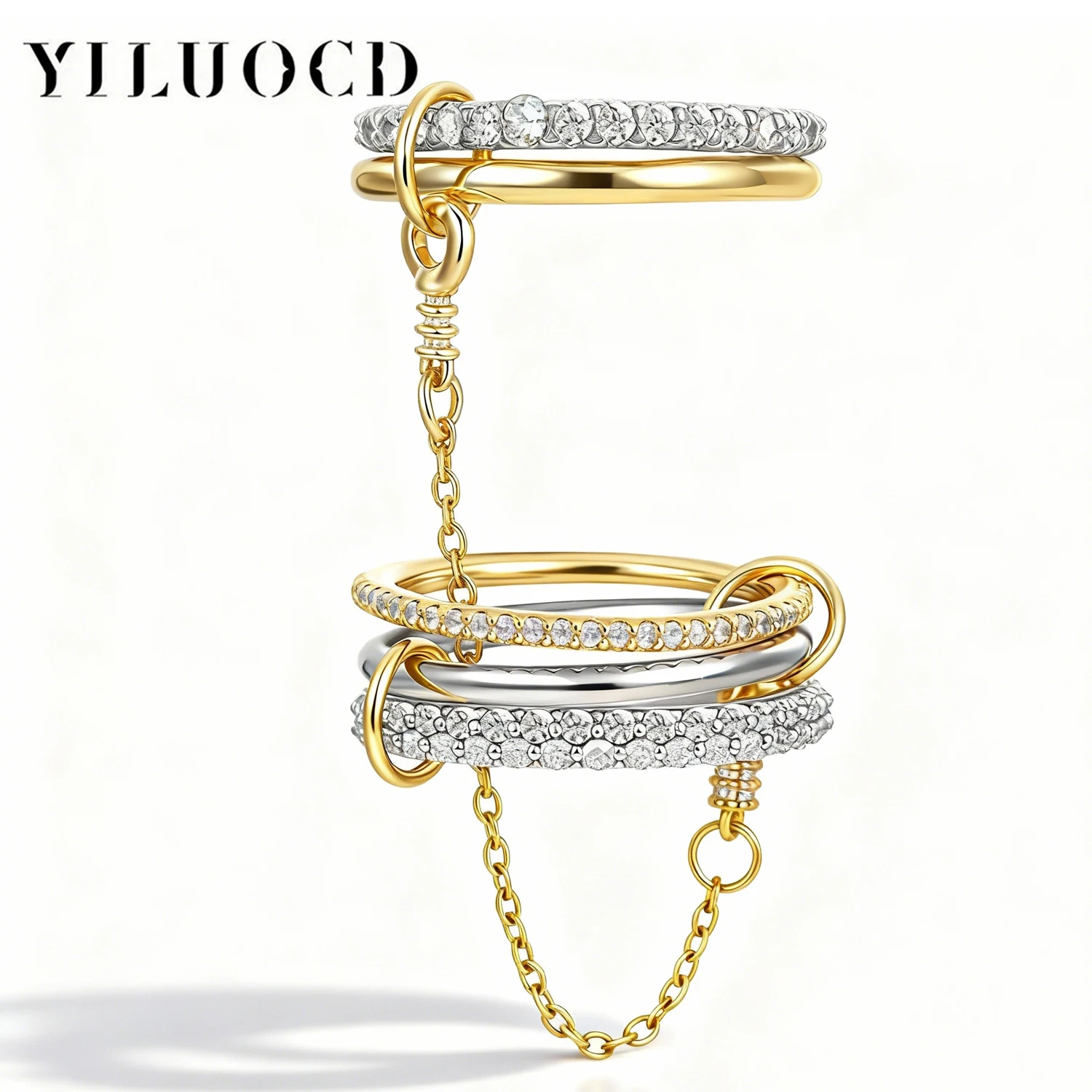 Elegant Gold Plated Interlocking Chain Rings with Cubic Zirconia - Set of 5