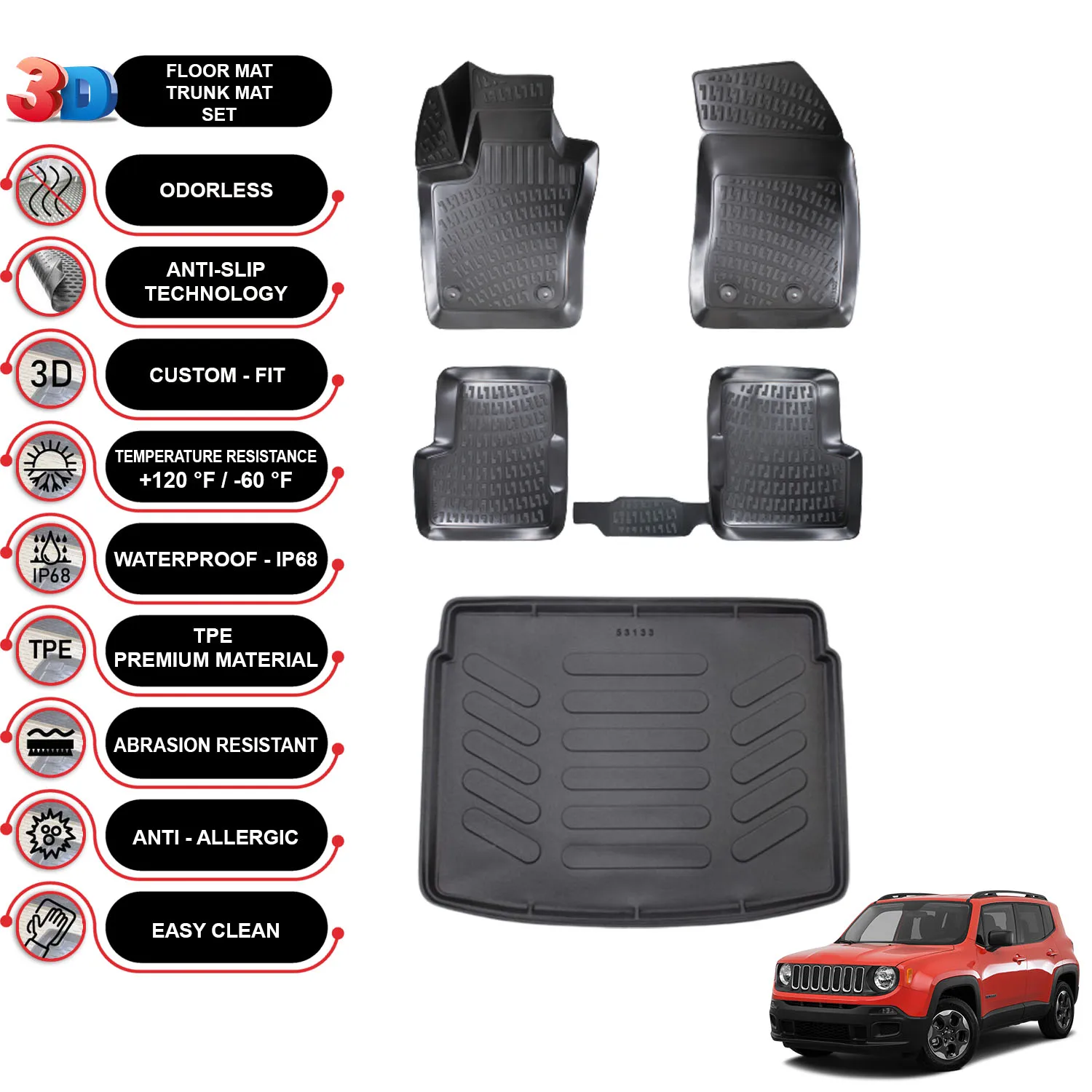 

Jeep Renegade - (2015-2022) - Floor Mats + Cargo Trunk Liner - SET - (Black)