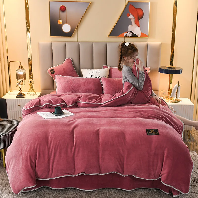 

Winter Double-Sided with Velvet Milk Coral Fleece Bed Four-Piece Thickened Bedding Winter Flannel Bed Sheet Quilt Cover