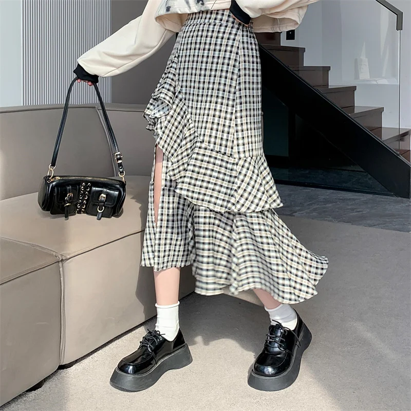 

Women Fashion High Waist Wrap Long Skirt Summer Asymmetrical Vintage Plaid Sweet Ruffled Mermaid Bottom Slit Skirt Female P143