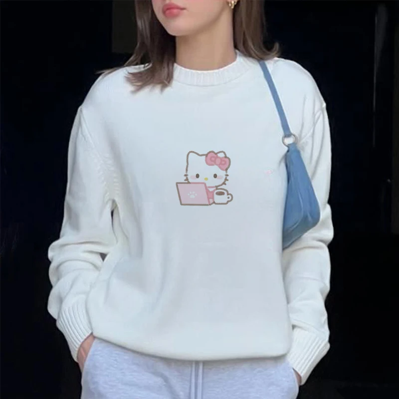 Sanrio Hello Kitty Print Knitted Pullovers For Female Round Neck Kawaii Anime Harajuku Knitwear Clothes 2000s Top Women Pullover 6