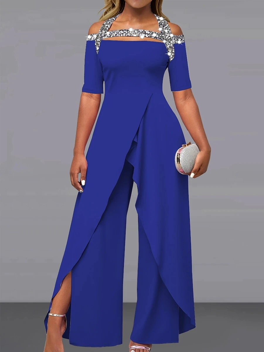 Women's Jumpsuit Off Shoulder Elegant Party Office Wide Leg Regular Short Sleeve Summer Solid color printing overalls