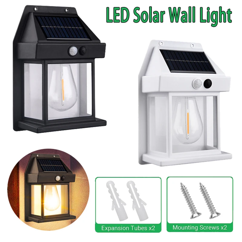 LED Solar Wall Light Tungsten Wire Bulb Lamp Waterproof With Motion Sensor 3 Modes for Garden House Patio Porch Garage