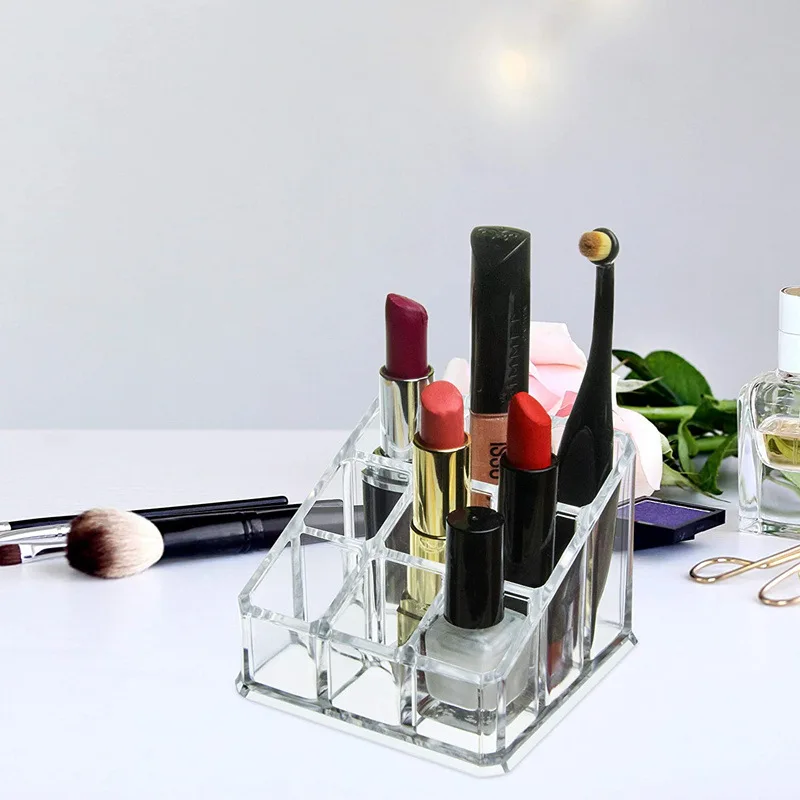 Lipstick Storage Box 1PC 9-grid Lipstick Storage Box Desktop Transparent Lip Gloss Storage Box Display Rack Minimalist Lipstick Rack