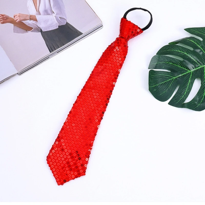 Men Women Shining Sequins Tie Stage Glitter Adjustable Zipper Closure Necktie Fashion Party Pre-Tied Neck Wear