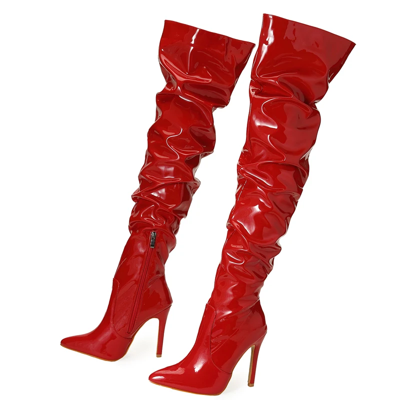 Winter Long Boots Woman Patent Leather Pointed Toe Stiletto High Heels Zipper Over The Knee Boots Botas Altas Sexy Ladies Shoes
