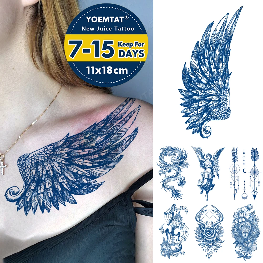 Semi-Permanent Waterproof Temporary Tattoo Stickers Wing Feather Genipin Herbal Juice Lasting Ink Fake Arm Shoulder Waist Tatoo