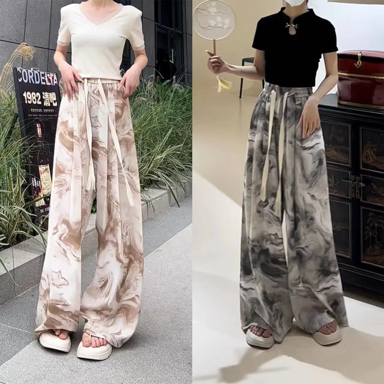 Lazy Feng Shui Ink Printed Wide Leg Pants 2023 Summer Versatile Loose Thin Drop Casual Pants