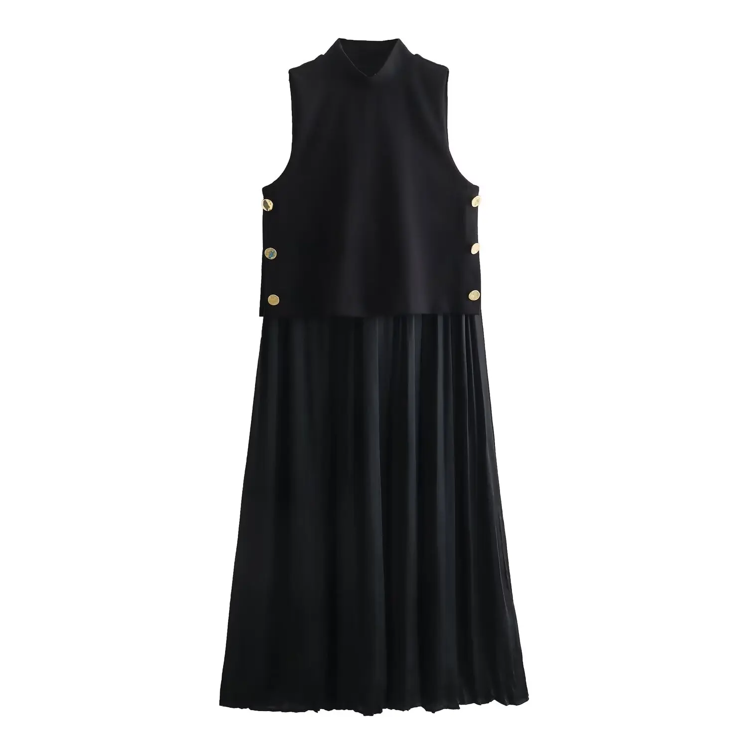 

Women's 2024 Chic Fashion Gold Button Decoration Casual Splicing Hundred pleats Midi Dress Retro Sleeveless Women's Dress Mujer