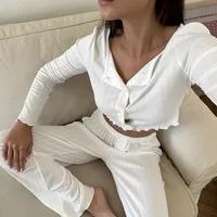 Spring and Autumn New Ladies Sexy Pajamas Homewear Suit Knitted Design Sense Containing Cotton Long-Sleeved Long Pants Suit - Image 3