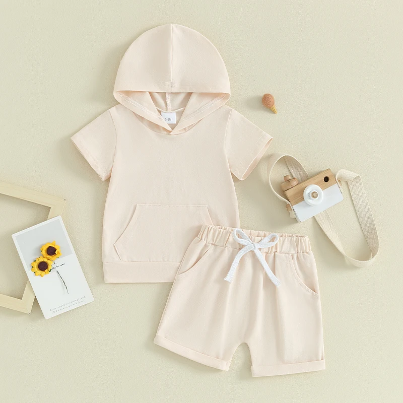 

Toddler Boys Summer Outfits Solid Color Pocket Hooded Short Sleeve T-Shirts Tops and Elastic Waist Shorts 2Pcs Clothes Set