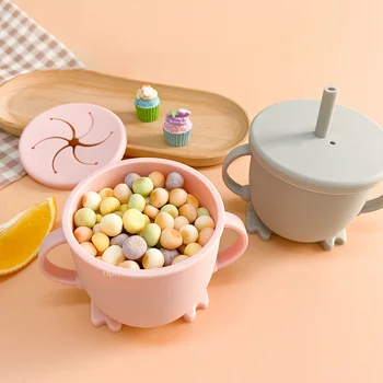 아기 트레이너 컵 식품 등급 실리콘 학습 음주 컵, 더블 핸들, 아기 간식 컵 용기 보관 상자, BPA 프리