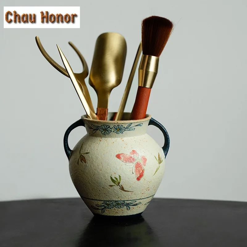 Blue And White Flint Red Tea Six Gentlemen Elegant Gold Drawing Butterfly Orchid Tea Tool Set Teaware Utensils Teaware Ornaments