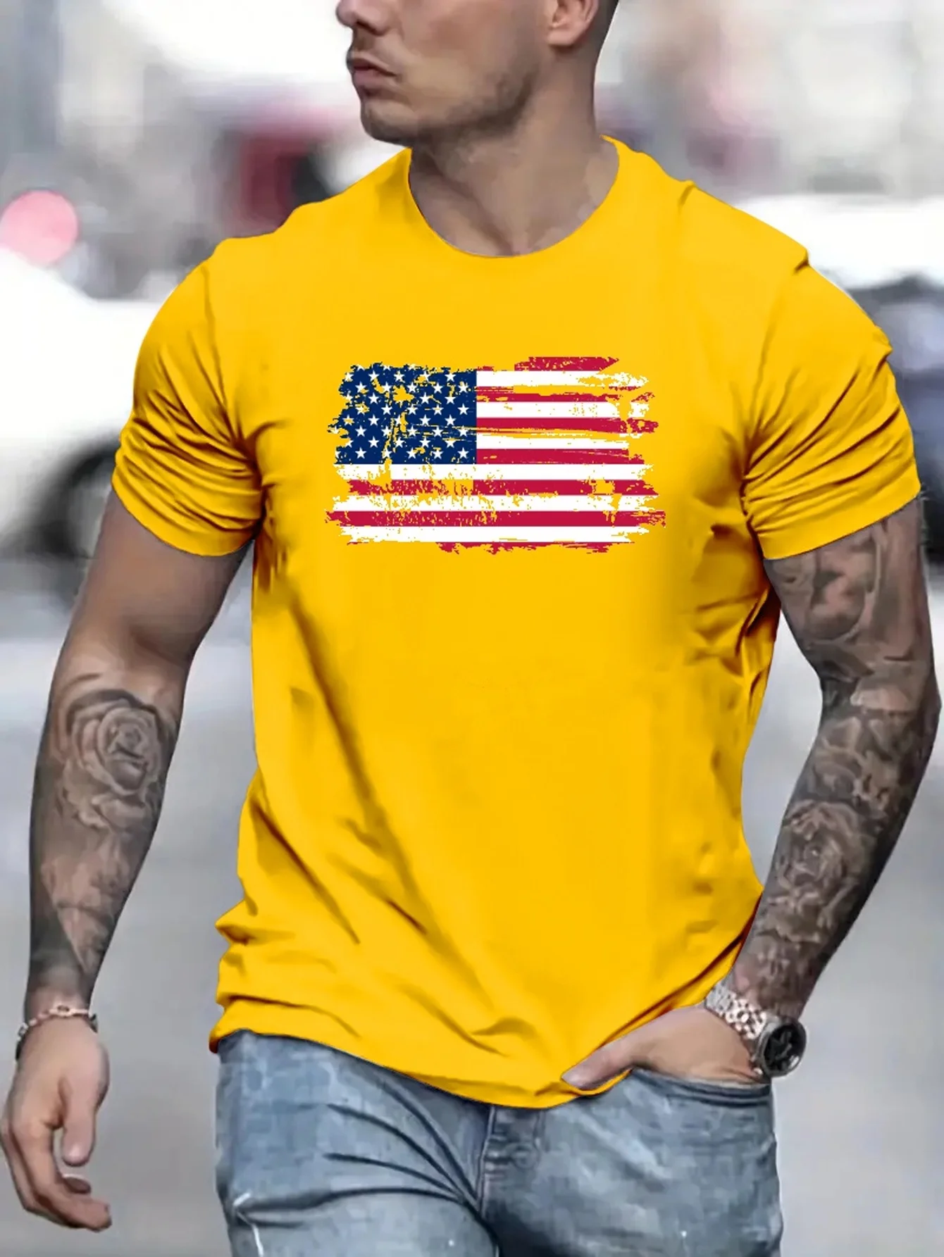 American Flag Men's Vintage T-shirt For Summer Outdoor, Casual Mid Stretch Crew Neck Tee Short Sleeve Graphic Stylish Top