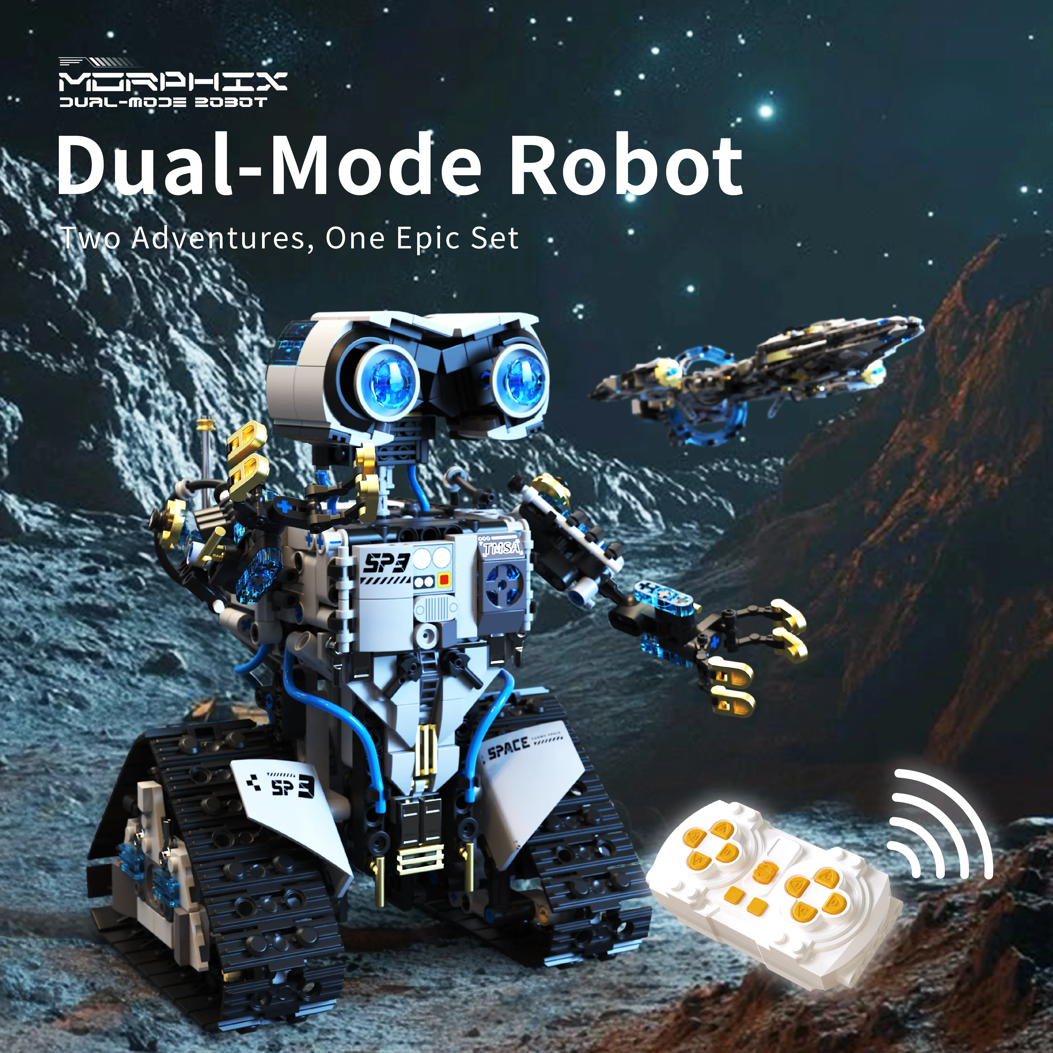 2-in-1 로봇 우주선 조립 블록, 원격 제어 모터 구동 LED 조명, 프로그래밍 가능한 앱 컨트롤, 테크닉 모델 STEM 선물, 남자아이들을 위한