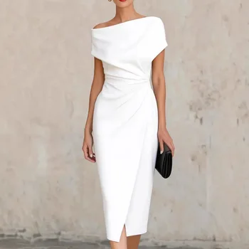 2026 Summer Women's New One-shoulder Waist Pleated Dress Banquet Commuting Slit Dress 1