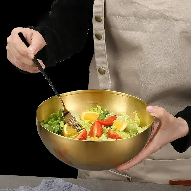 New 20CM Stainless Steel Gold And Silver Salad Bowl Rice Noodles Lamian Noodles Bowl Kitchen Tableware Food Container YING