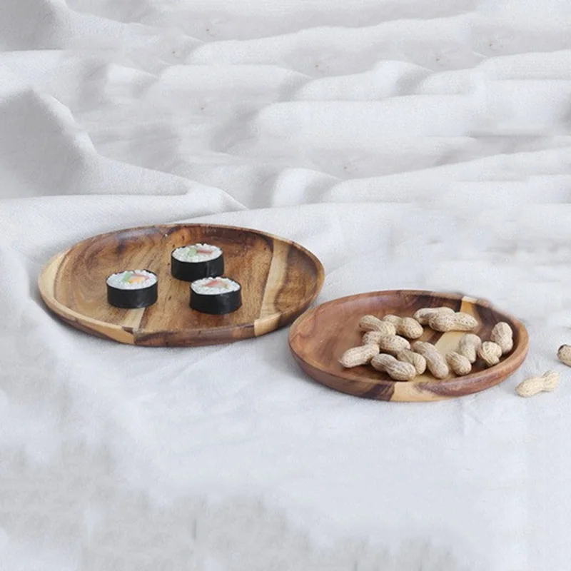 Wood Plates Serving Tray Family Solid Wood Plate Fruit Food Dish Snack Platter Round