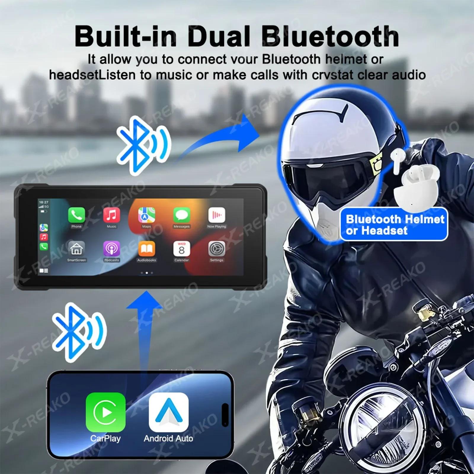 X-REAKO 6.86-inch Motorcycle GPS Player IPX7 Waterproof Carplay Android Auto Mirror link Supports Bluetooth Headset/Helmet