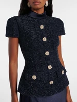 VGH Chic deux pièces ensembles pour femmes col montant manches courtes épissé poche Tweed haut taille haute jupes Maxi costume Vintage femme 3