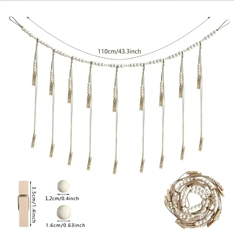 1PC Wooden Bead String Hanging Photo Display Wooden Bead Twine Wooden Clip Photo Storage Decoration Room Decoration