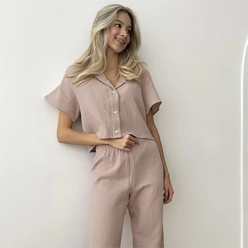 

Elegant Dress For Women Ladies Summer 2023 Female Clothing Solid Color Crepe Pajamas Short Sleeve Pants Home Cotton Casual