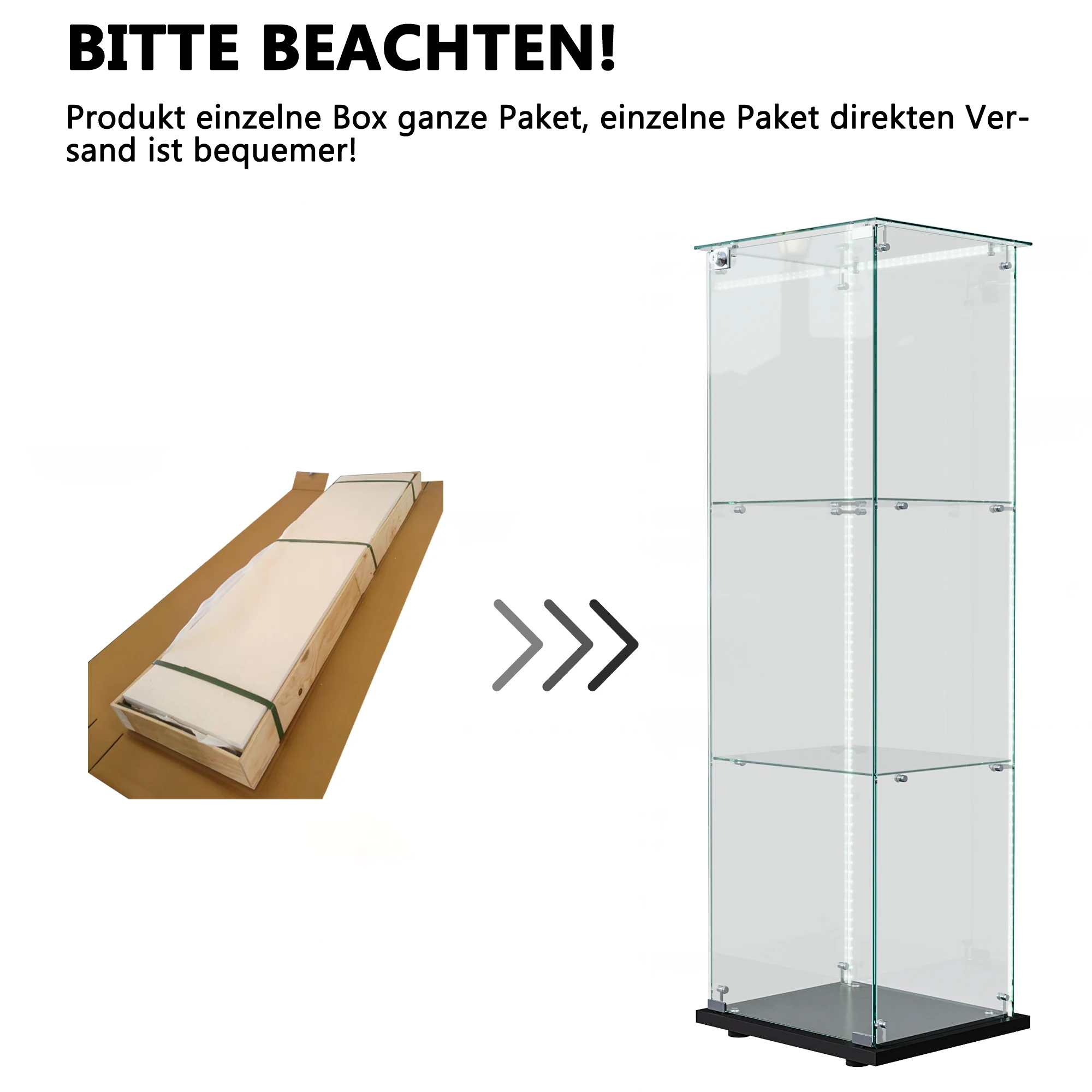 Comanlia 3-Schichtige, Eintürige Glas-Vitrine mit Beleuchtungsstreifen, Freistehende Glasvitrine, Schwarz – Detail 10