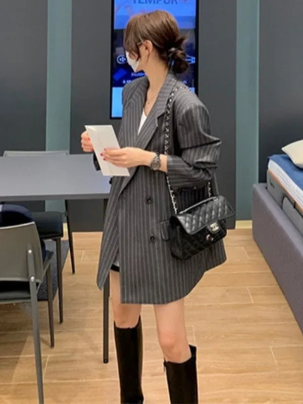 Casual Vertical Stripes Women's Small Suit Jaet 2025 Spring Autumn New Design High Faion Sense with Belt Trendy Outerwear