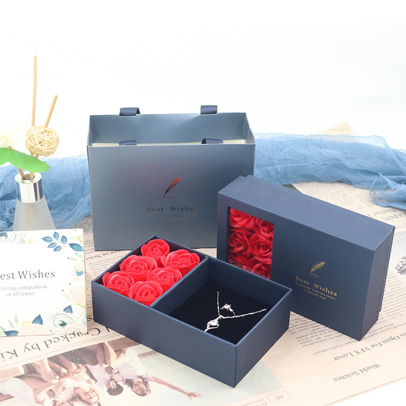

Artificial Eternal Rose Flower JewelryGift Box Lipstick Ring Earrings Necklace Jewellery Packaging Case with Paper Bag