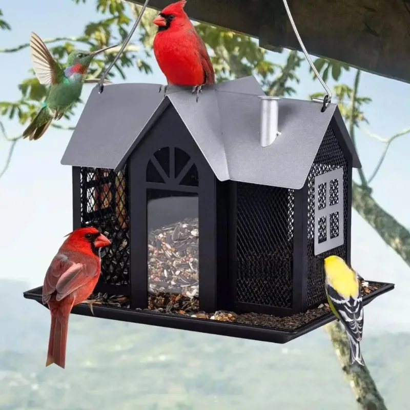 รูปสินค้า สวนแขวน House BIRD Feeder 3 ช่องขนาดใหญ่ความจุตกแต่งลานกลางแจ้งด้านนอกโลหะกระรอก Hummingbird Feedin