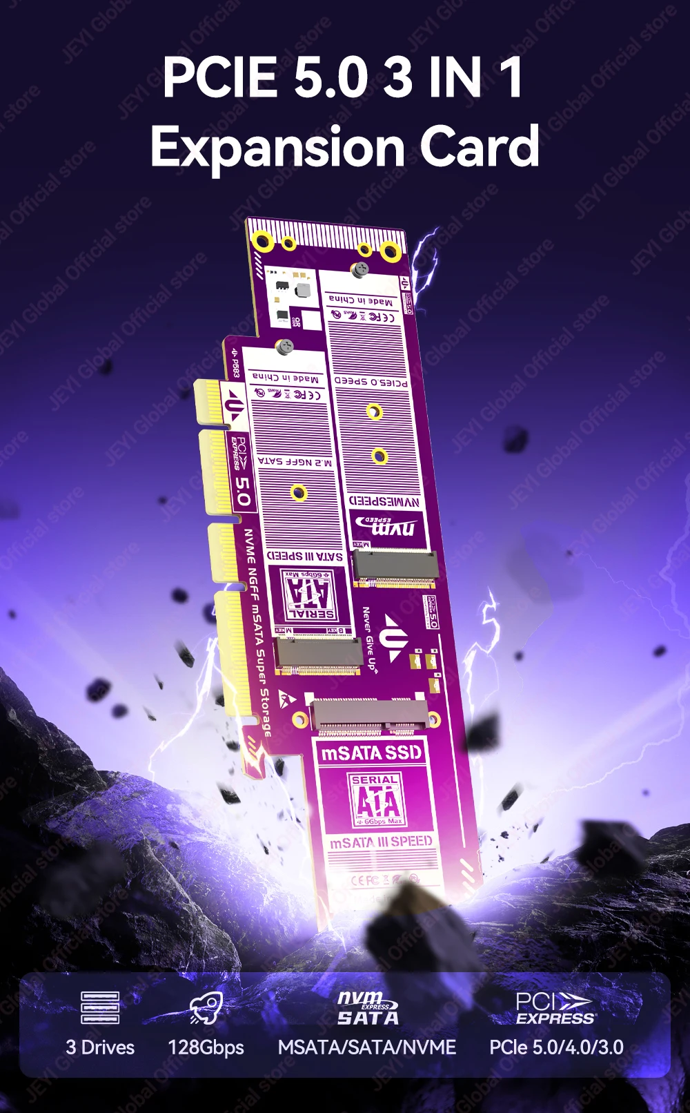 JEYI 3-in-1 NVMe NGFF und mSATA SSD PCIe 5.0/4.0 Adapterkarte M.2 NVME zu PCIe/M.2 SATA SSD zu SATA III/mSATA zu SATA Konverter – Detail 1