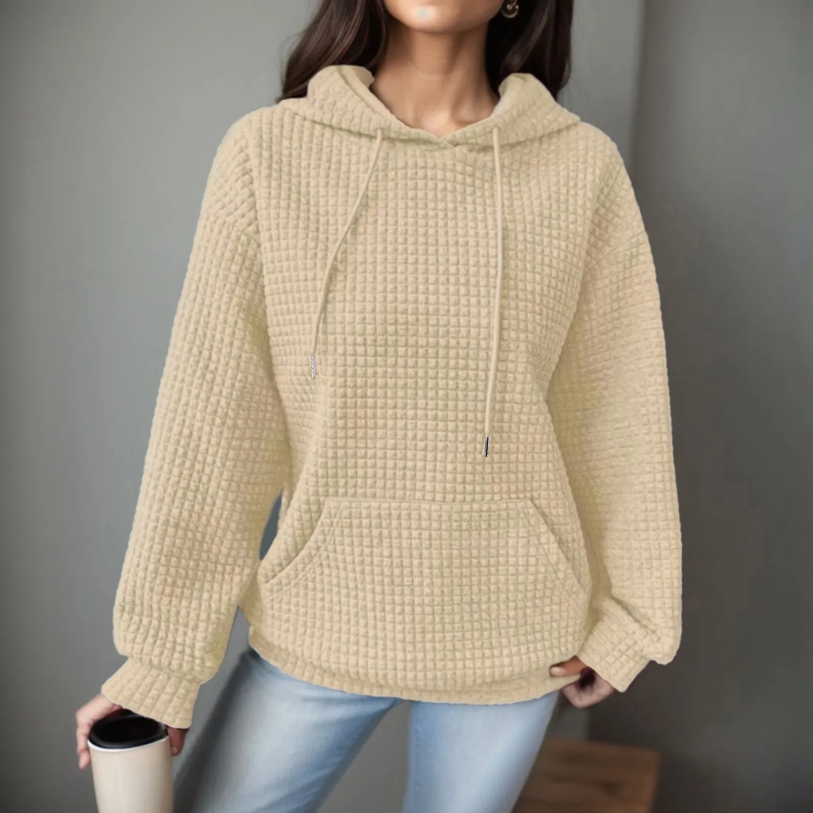 

Womens Waffle Long Sleeve Hoodie Sweatshirts Lightweight Pullover Hoodies for Woman Womens Sweat Pants Sweatshirts Streetwear