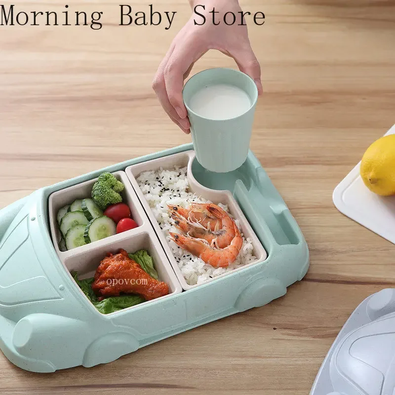 Creative Car Shape Baby Feeding Dishes Plate for Food Bamboo Fiber Baby Toddler Food Supplement Plate with Cup Tableware