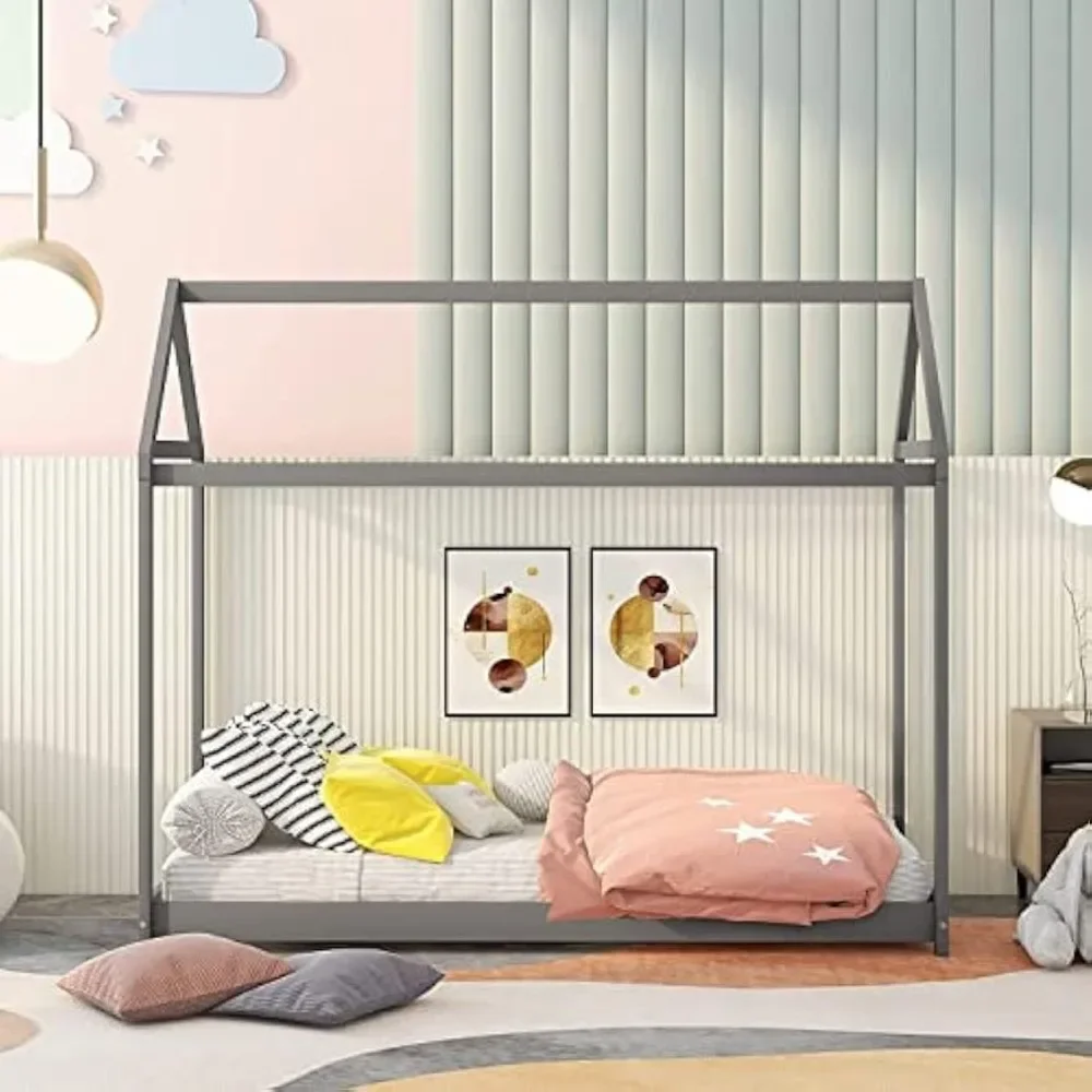 House Twin Bed Frame Wooden Platform Bed for Kids,No Box Spring Needed, Gray 4