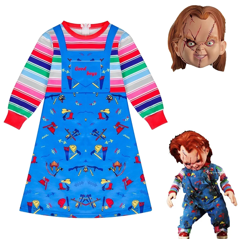 Cosplay Costume Girls Halloween Costume Ghost Doll Nightmare Clothing Chucky Cosplay Costume Children Carnival Party Princess Dress + Mask Set