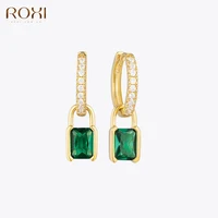 ROXI INS Creative Square Crystals Pendant Hoop Earrings for Women Sterling Silver 925 Zircon Jewelry Pendientes plata Charms