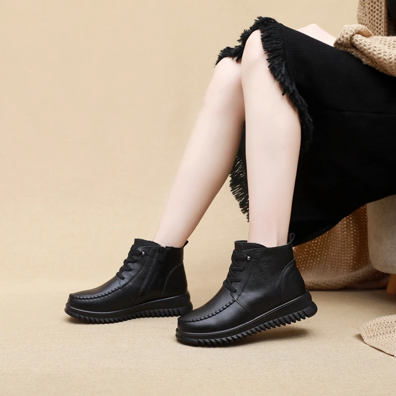 High Quality Genuine Leather Waterproof Snow Boots Female Winter Plush Warm Shoes Women Ankle Boots Mother Non-slip Booties